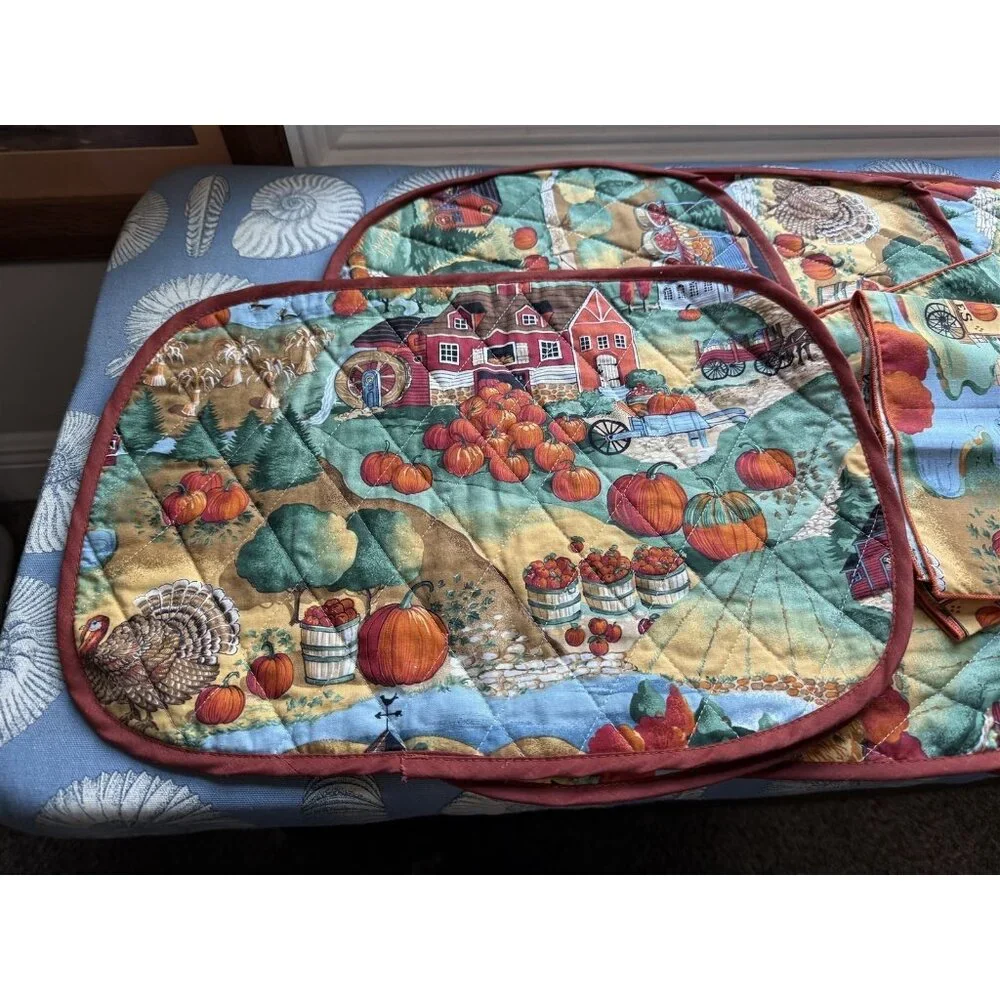 Autumn Harvest Quilted Placemats And Napkins Set Of 8 Country Farmhouse Scene